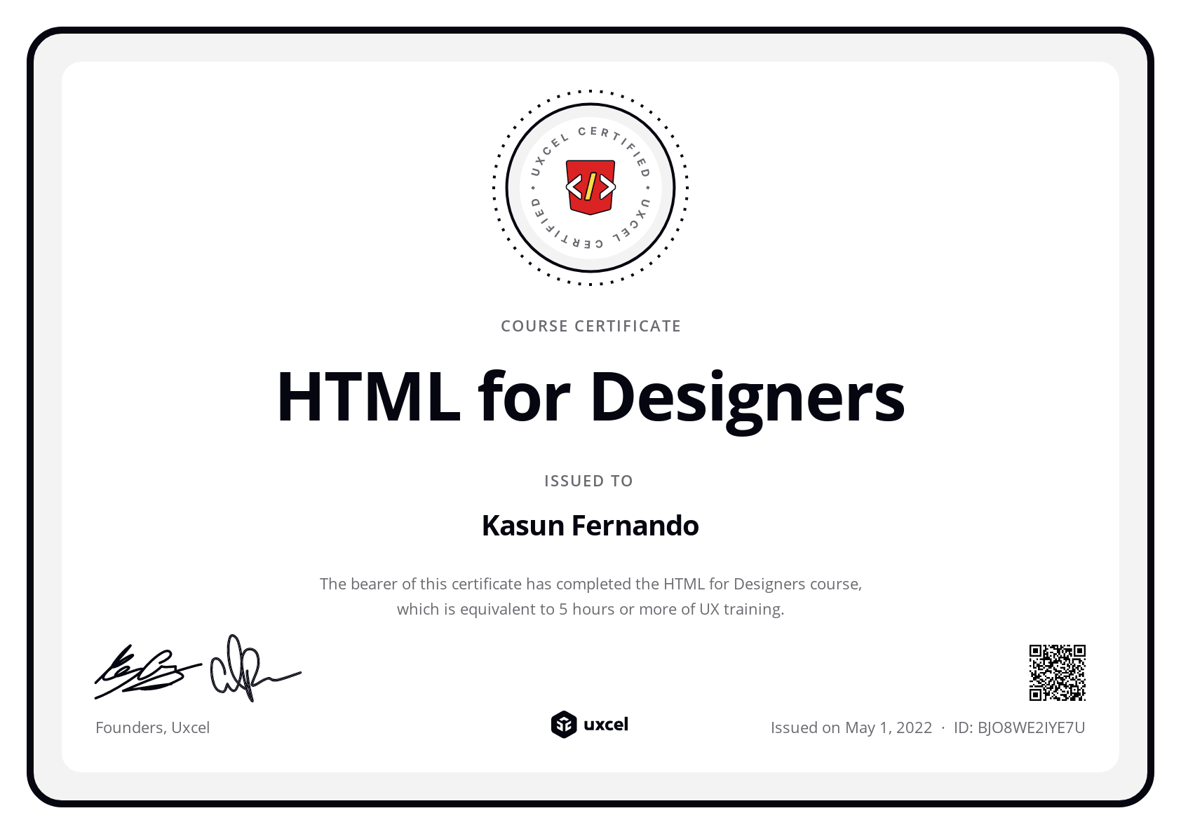 Kasun Fernando's certificate